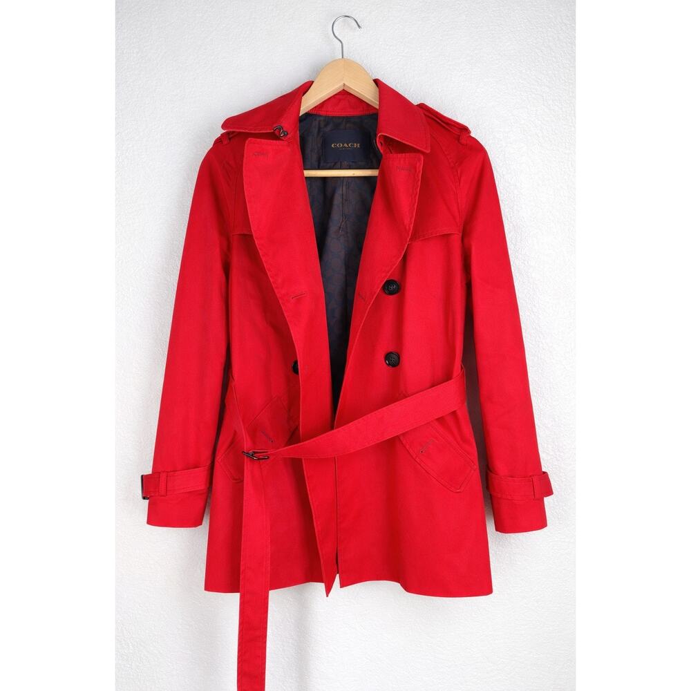 Coach Red Short Trench Coat M Belted Double Breasted Signature Lined - Picture 4 of 6